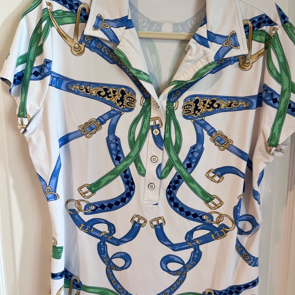 J. McLaughlin Blue and White Chain Print Top
